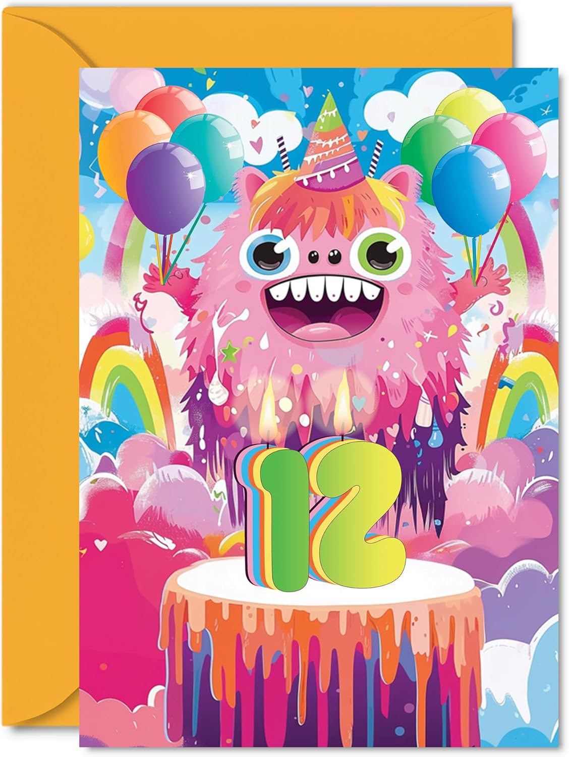 Giftzie 9th Birthday Card Boys Girls - Little Monster Party - Happy Birthday Card for 9 Year Old Boy Girl Kids, 5x7 Inch Nine Ninth Bday Cake Greeting Cards