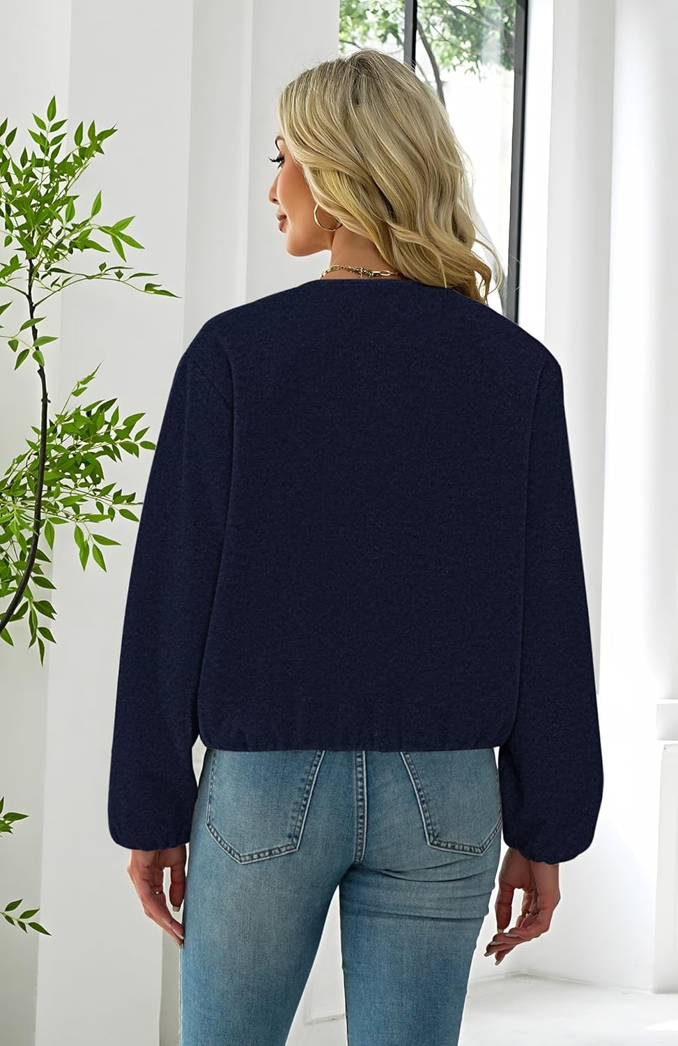 Womens Wool Blend Bomber Jackets Fall Winter Cropped Zip Up Coat Hoodless Outwear with Pockets - Image 5