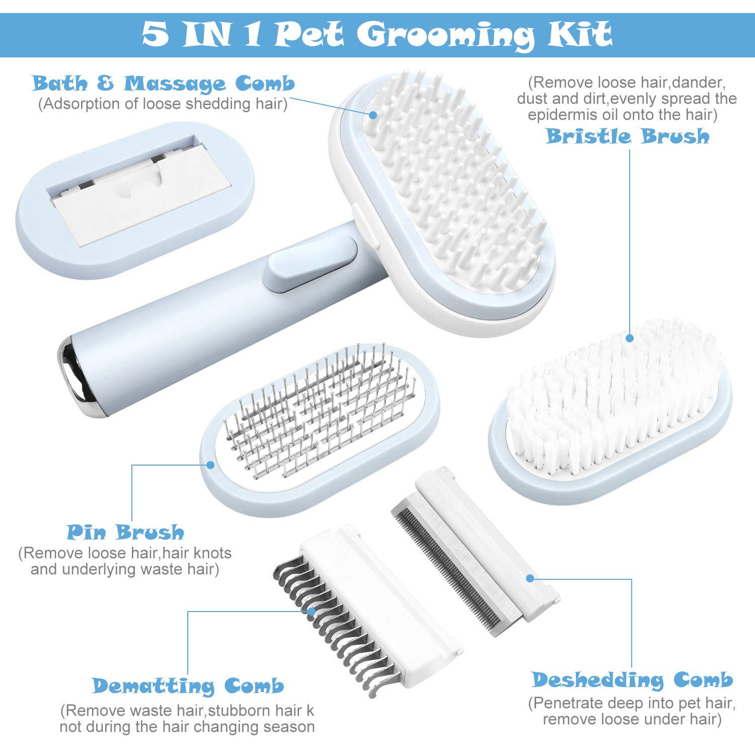 SUNKY 5 in 1 Pet Grooming Comb Multi-Functional Pet Grooming Brush Kit for Dogs & Cats, Includes Massage Brush, Pin Brush, Bristle Brush, Dematting Comb & Deshedding Comb : Pet Supplies