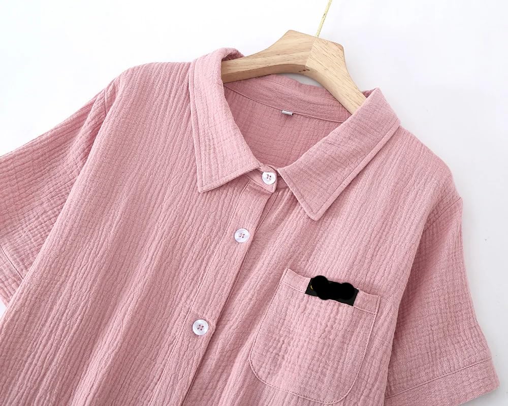 Camicia da Notte per Donna Estate Manica Corta Colletto Camicia Bottoni Risvoltabile Medio-Lungo Casa Casual Abito da Notte