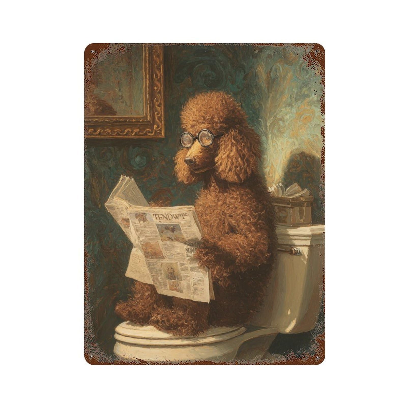 Vintage Rust Metal Sign with Curly Poodle Reading Newspaper on Toilet -1 Design 15.7"x11.8", for Shed, Workshop And Garage Wall Decor, Retro Wall Decor