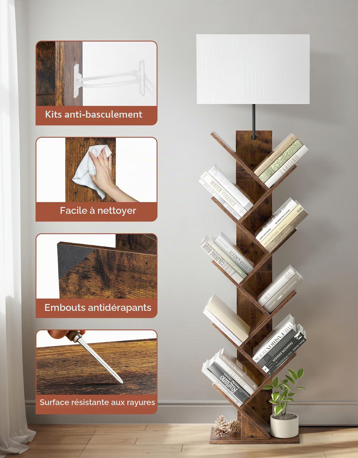 Bibliothèque Arbre en Bois 9 Niveaux avec Lumière, Étagère d’Angle avec Télécommande et Minuteur – Meuble Compact pour Livres, CD, DVD, Salon, Chambre, Bureau