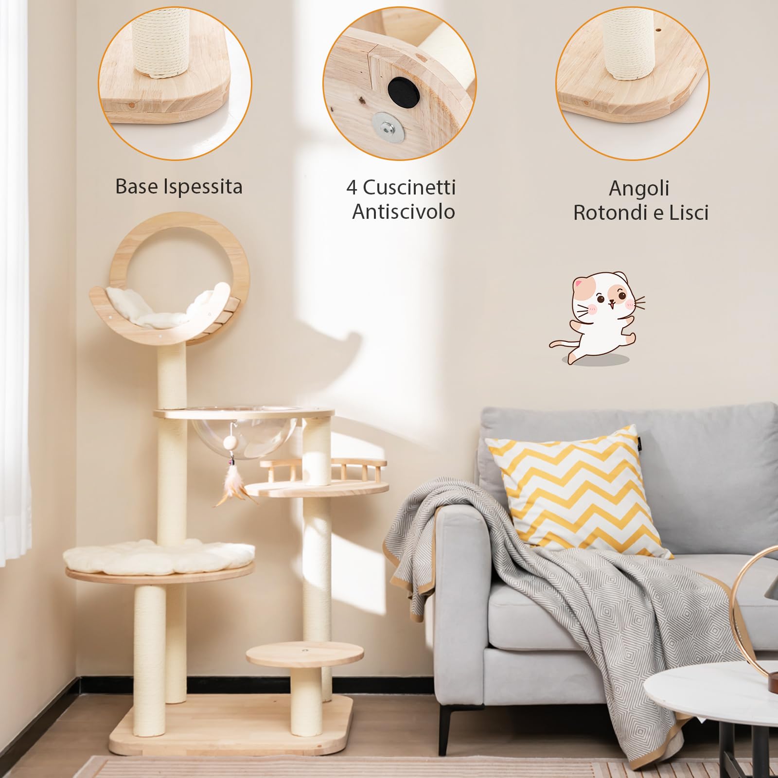 COSTWAY Tiragraffi per Gatti 4-in-1 con Capsula Spaziale e Legno di Quercia