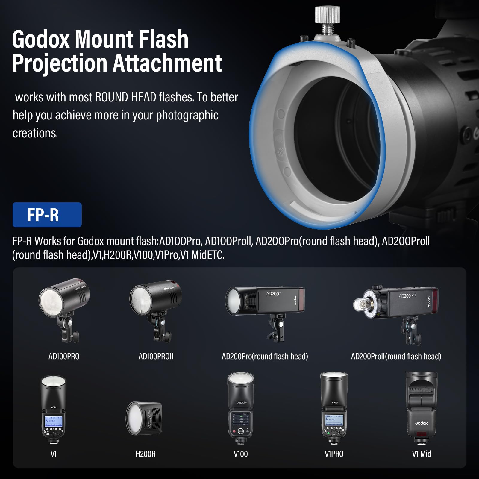 Godox FP-R-50 Blitzprojektor-Snoot mit Halterung für die Fotografie Ausgestattet mit GOBO-Halterung, GoboSet und Farbrahmen; Unterstützt DREI Projektionslinsen für Eine Reihe Von Studioblitzmodellen