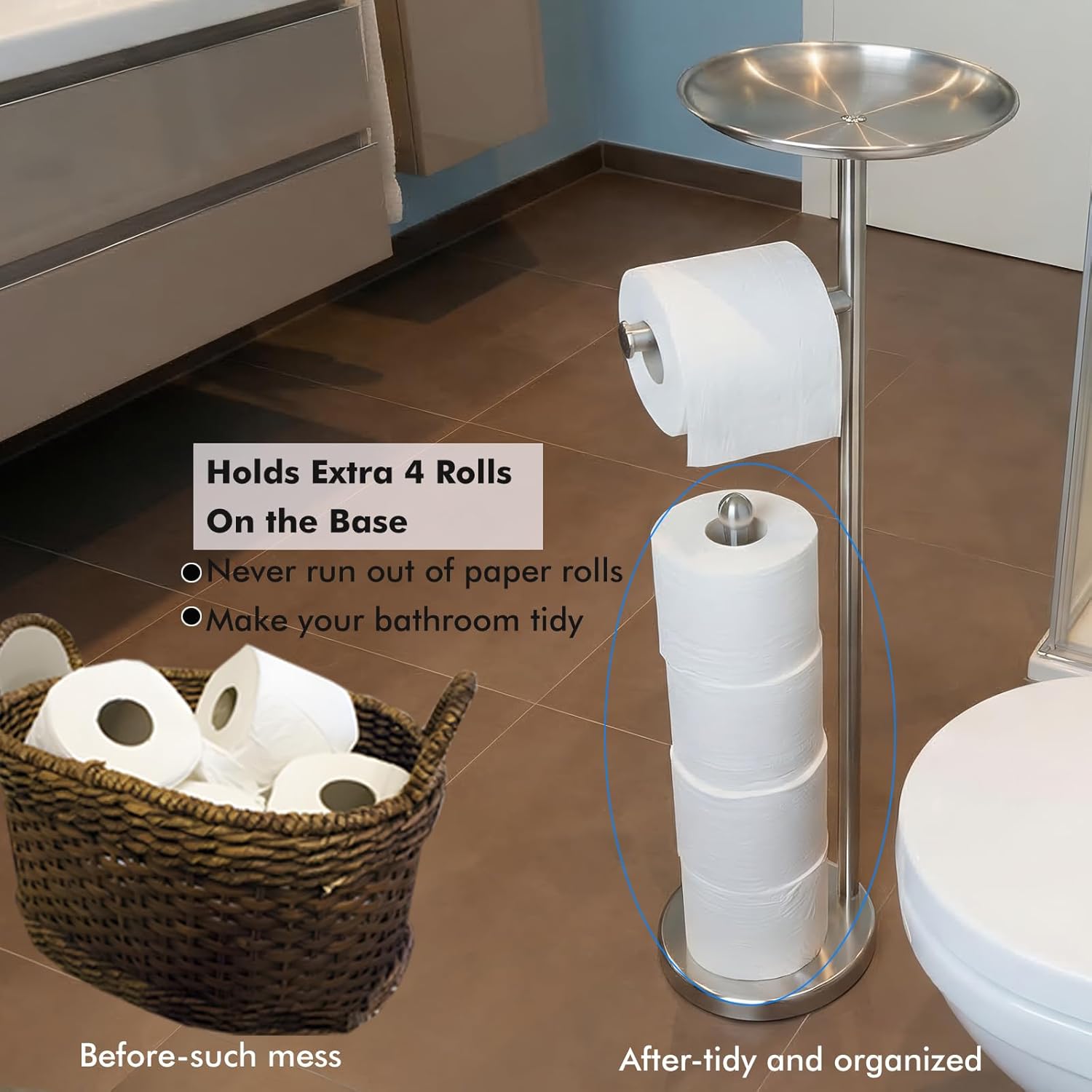 Toilet Paper Holder with Shelf, Toilet Paper Stand for Holding Extra 4 Toile Paper Rolls, Freestanding Toilet Paper Roll Storage, Heavy Base No Tipping Over (Stainless Steel, Brushed Nickel)