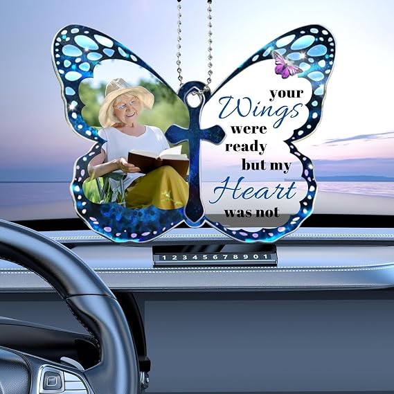 Generic Personal Photography Car Hanging Ornament, Custom Photo Car View, Memorial Gift for the Loss of Loved One Loss of Father Mom Family Keepsake Gifts (Blue)