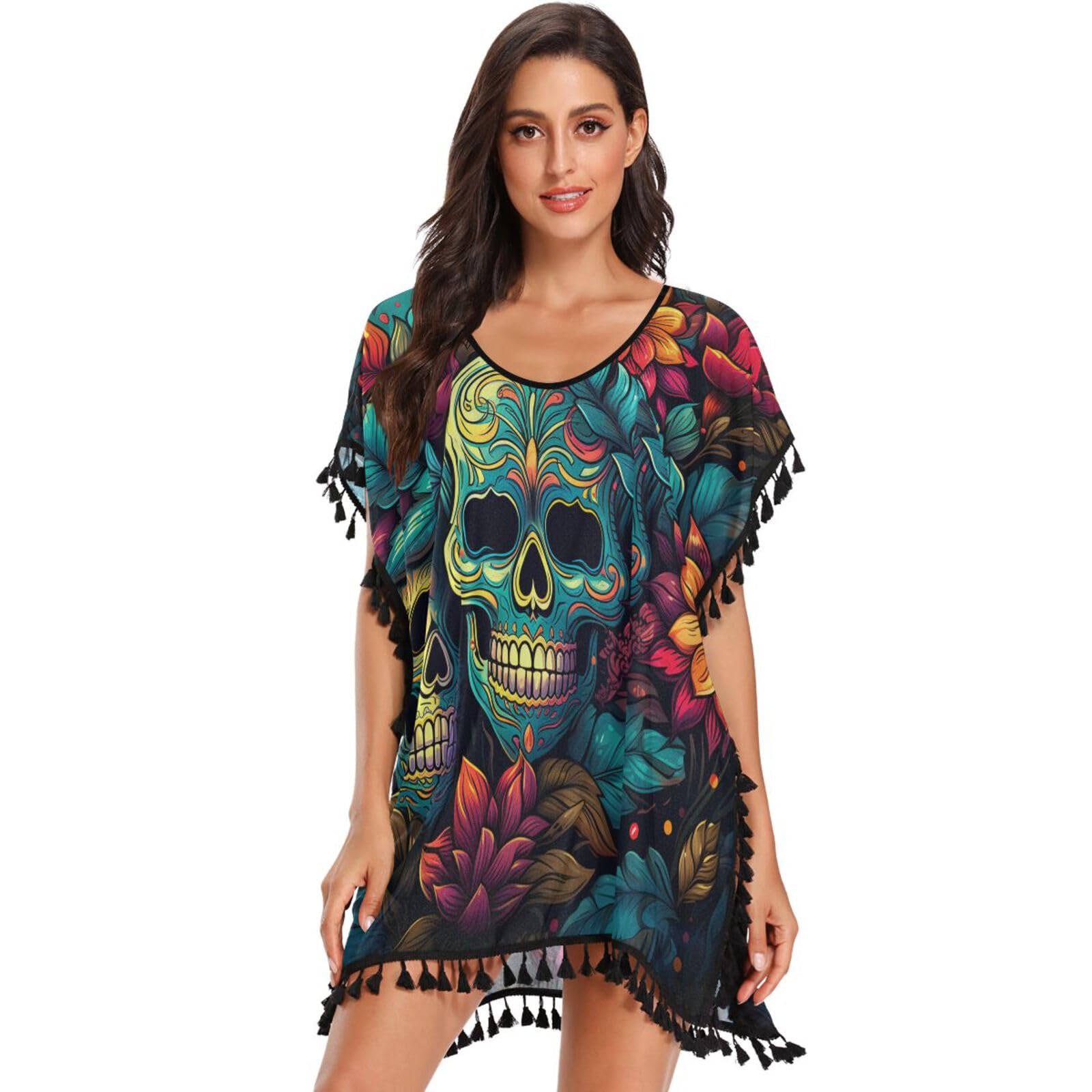 Cyan Skulls Blossom Flower Women's Beach Cover Up Chiffon Tassel Swimwear Swimsuit Coverups for Girl