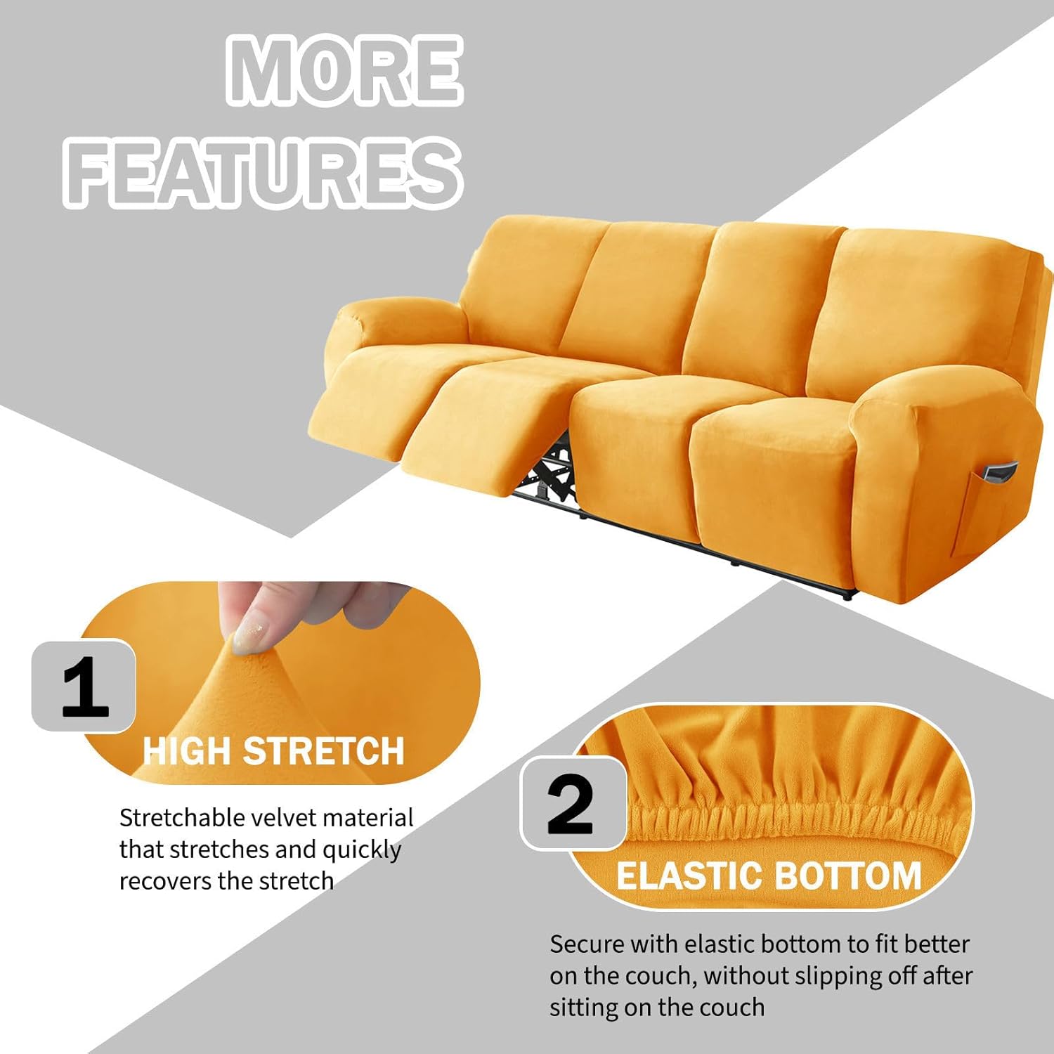 10 Piece Velvet Recliner Sofa Covers 4 Seater, Soft Stretch Reclining Sofa slipcover Non Slip with Side Pockets Armchair Covers Washable-Gold-4 Seater