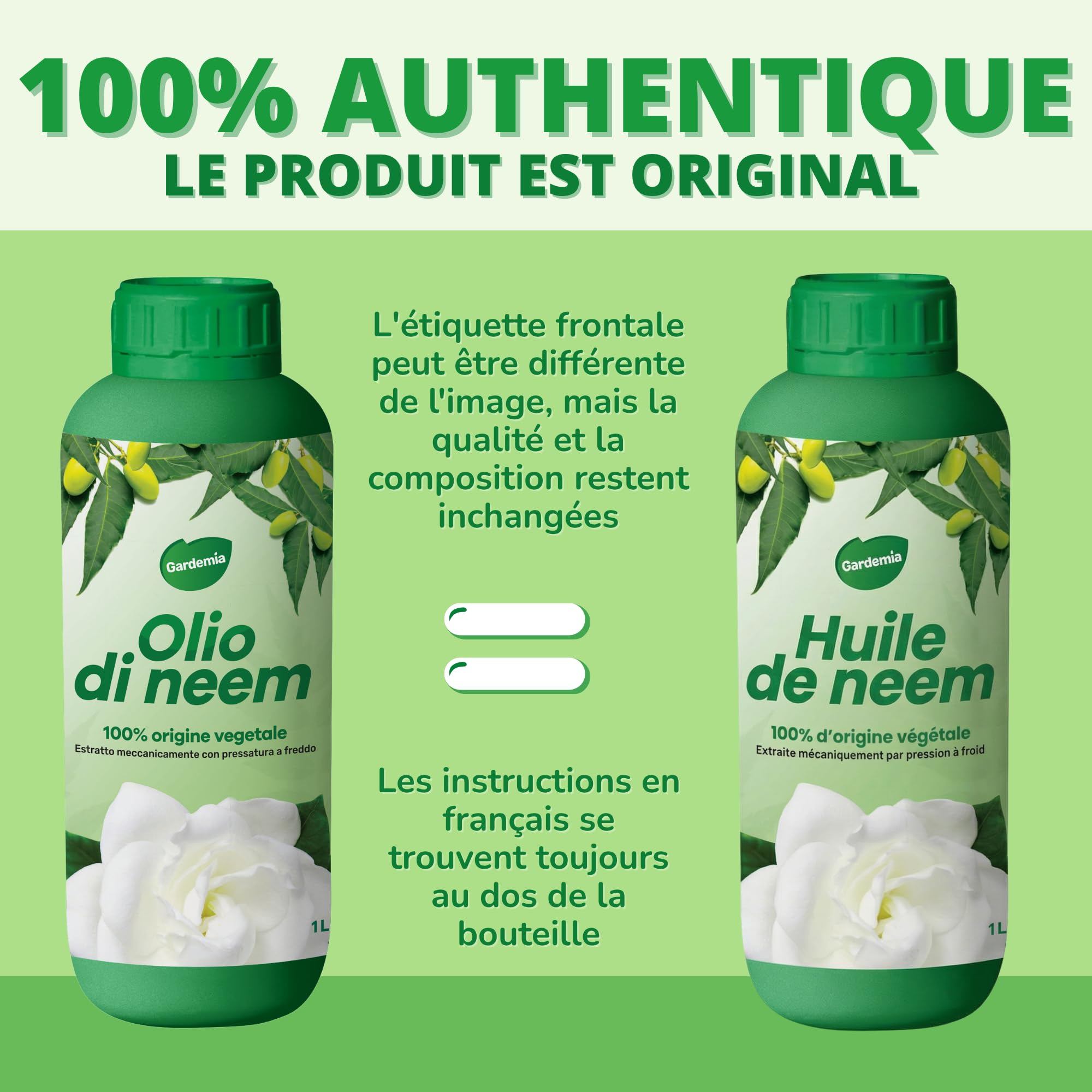 Gardemia Huile de Neem avec Émulsifiant 1L miscible à l'eau 100% d'origine végétale extraite mécaniquement par pression à froid des fruits du Néemier