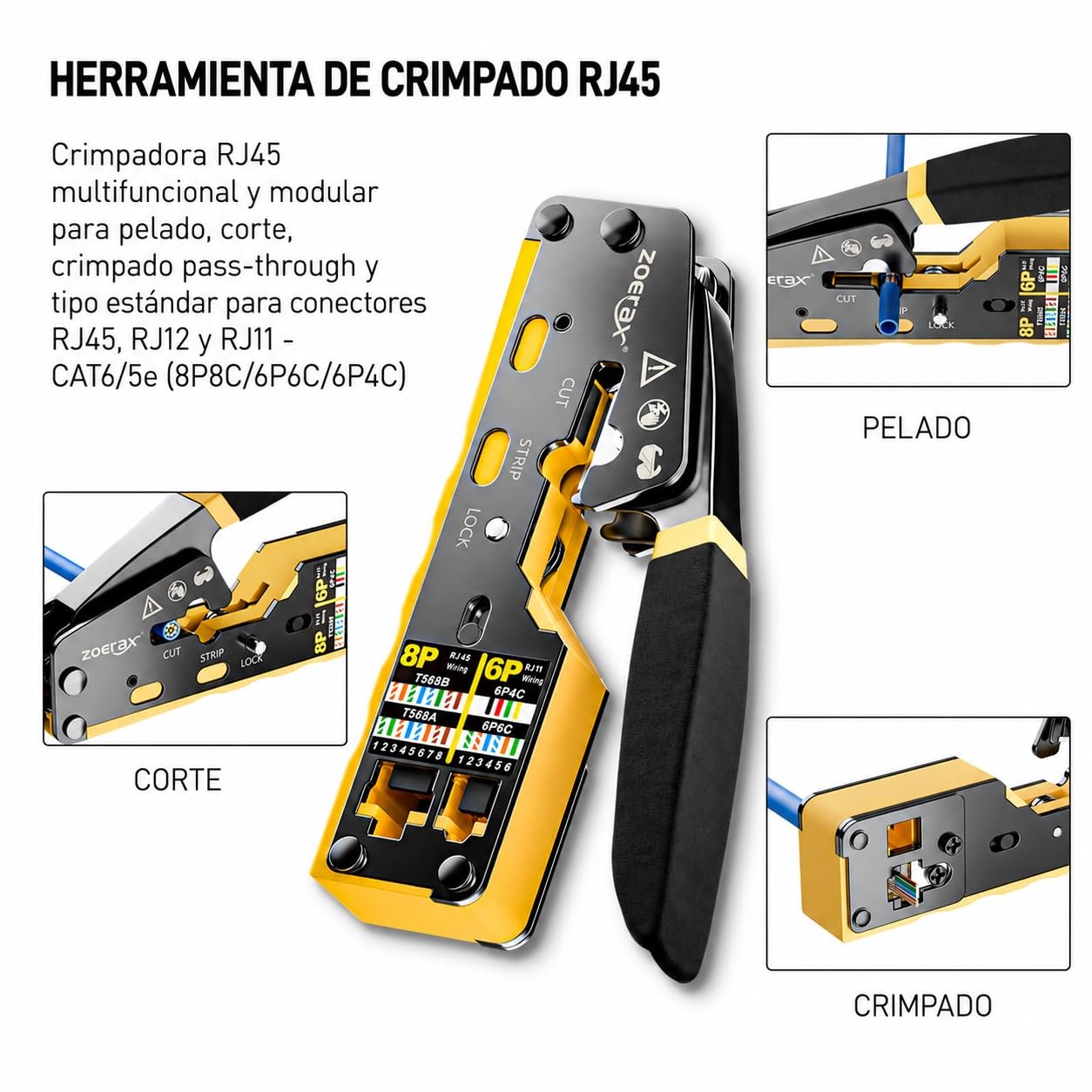 Kit de herramientas de red profesional RJ45 11 en 1 - Crimpadora RJ45, herramienta de punzonado 110/88, pelalacables, cortador, conectores y botas Cat6