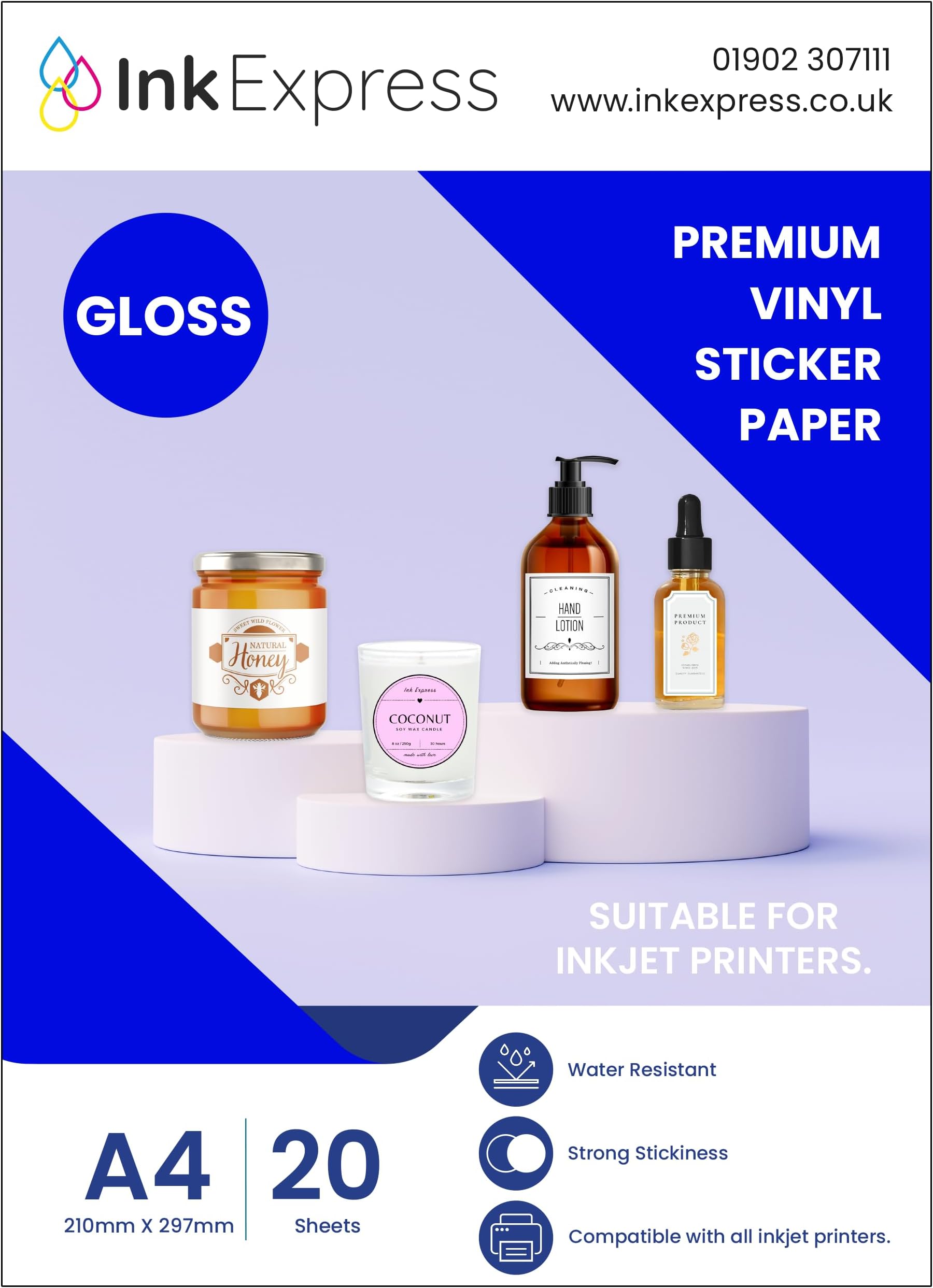 INK EXPRESSA4 Premium Gloss Inkjet Vinyl Sticker Paper, 20 Sheets - Compatible with Inkjet Printers - Self Adhesive Sticky Back Labels - Vivid Colour, Glossy, Water Resistant