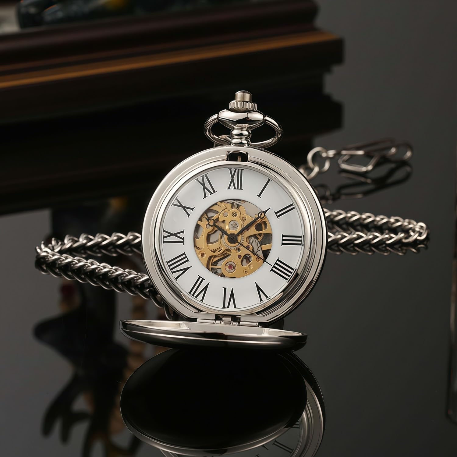 Mechanical Pocket Watch with Chain - Retro Smooth Classic Handwind - Roman Numerals for Men & Women