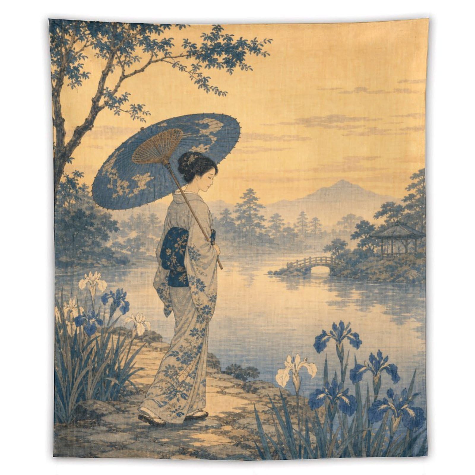H3B8U2Y5 Woman with Parasol by Lake Wall Tapestry, Ukiyo-e, Asian Sunset