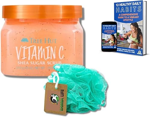 Tree Hut - Paquete de vitamina C con esponja Samba Life Mesh para baño y ducha para un exfoliante corporal y libro electrónico (vitamina C)