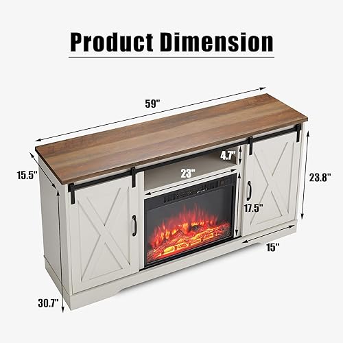 Miniatura 6 de AMERLIFE Soporte de TV con chimenea con puerta corrediza de granero para televisores de hasta 65 pulgadas, centro de entretenimiento con chimenea de