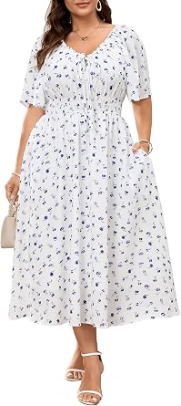 CICIDUDU Plus Size Summer Boho Maxi Dress for Curvy Women Scoop Neck Tie Front Cute Milkmaid Casual Flowy Midi Dresses