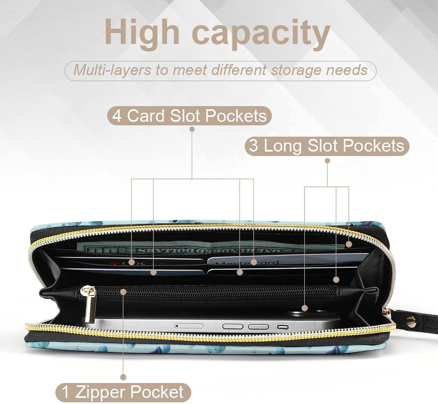 Sea Turtle Cartoon Pattern Long Zippered Pouch Large Clutch Cash Wallet with Rope Handle for Men Women