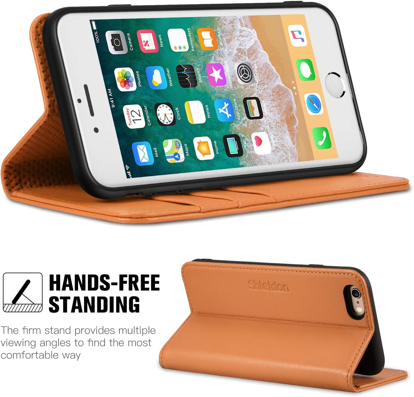 SHIELDON Genuine Leather iPhone 6 Wallet Folio Case Book Design with Kickstand and ID Credit Card Slots Magnetic Closure Compatible with iPhone 6/6S – Brown