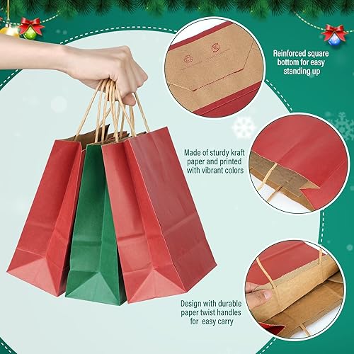 Miniatura 3 de 48 bolsas de regalo de Navidad de papel kraft rojo y verde, bolsas de regalo de Navidad verdes y rojas con asas, bolsas de regalo de Navidad, bolsas
