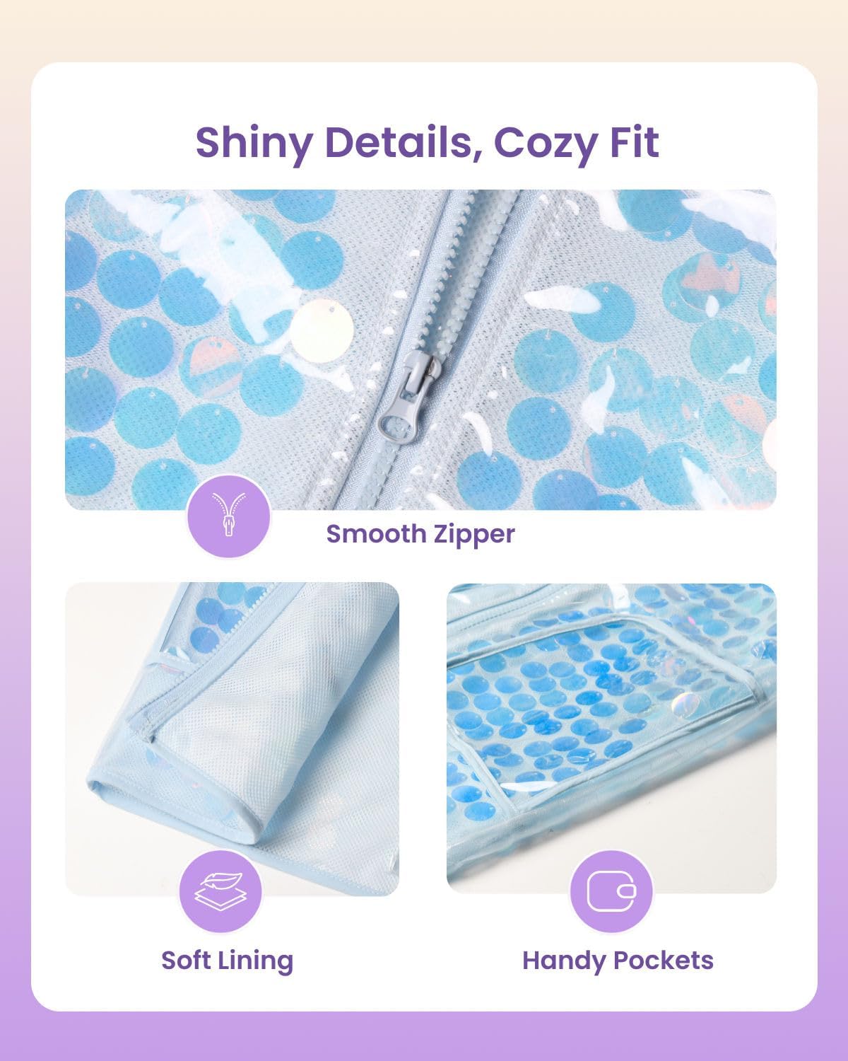 WELAKEN Girls Sequin Raincoat Waterproof Reusable Hooded Outwear Rain Jacket with Lining