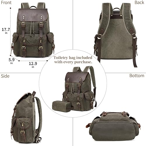 Miniatura 5 de Wogarl Vintage Leather Canvas Backpack, Waxed Canvas Shoulder Rucksack with Toiletry Shoulder Rucksack for Traveling, Camping, Hiking,Business