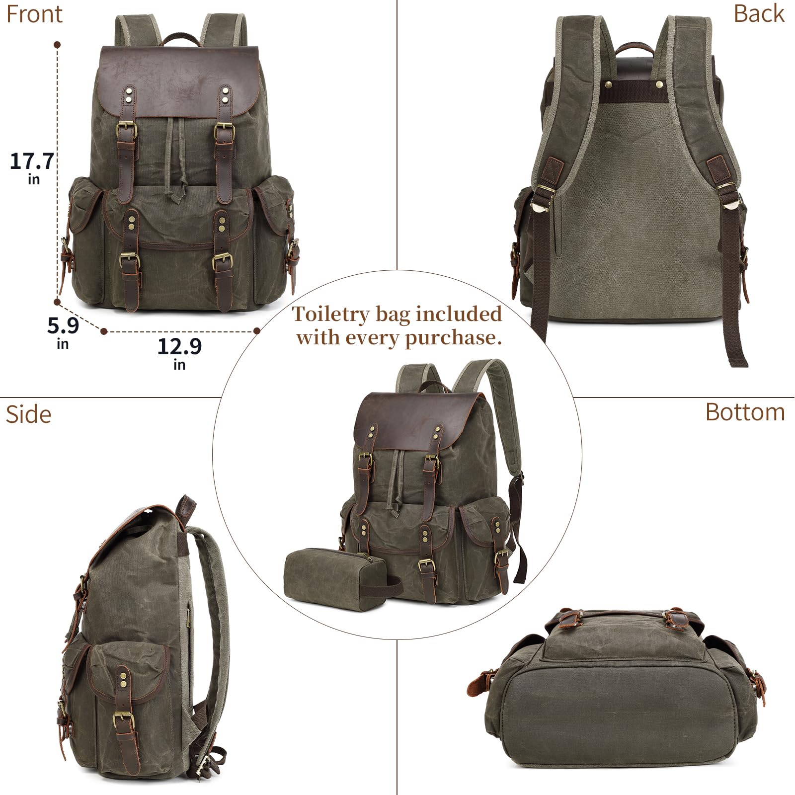 Wogarl Zaino vintage in pelle e tela, zaino a tracolla in tela cerata con articoli da toeletta per viaggi, campeggio, escursionismo, università d'affari, adatto per laptop da 17", verde, Verde