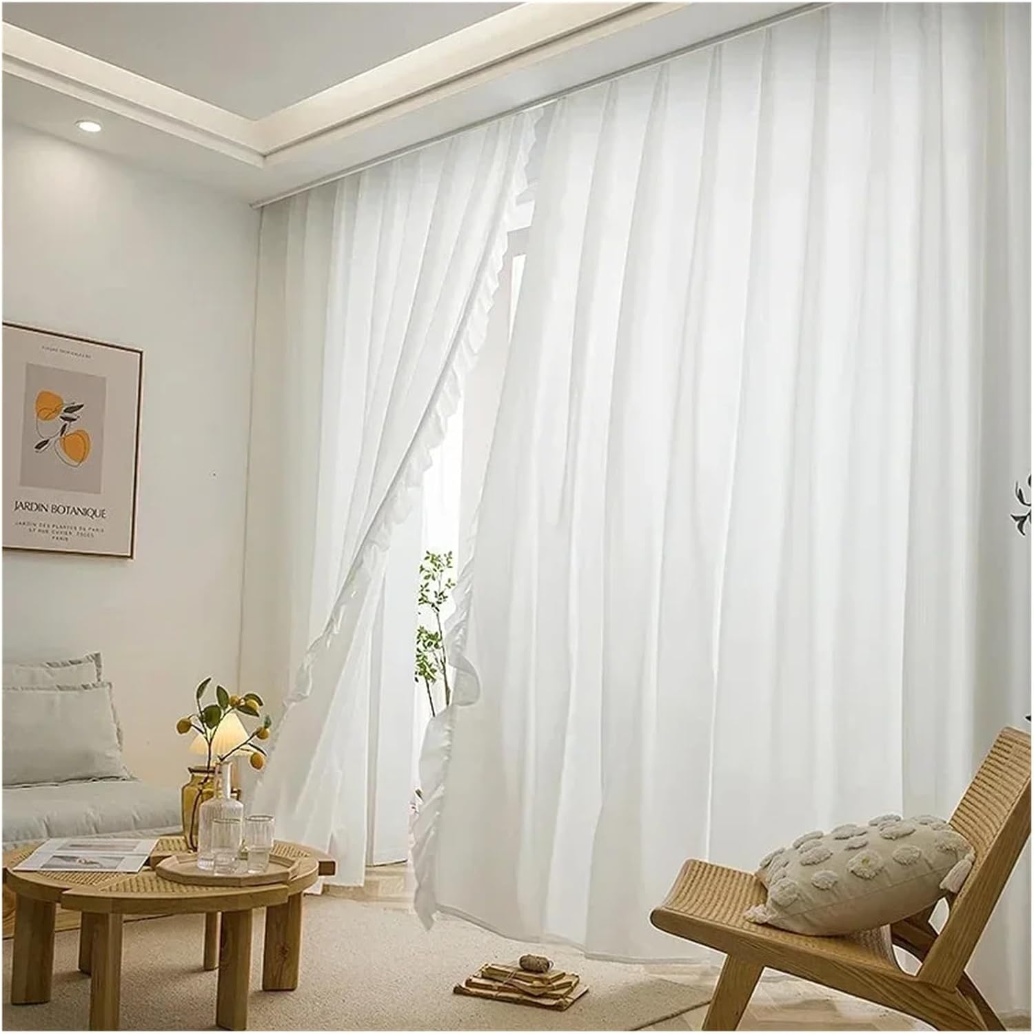 Solid Blackout Curtains for Bedroom White Vintage Ruffle Tulle Curtains for Girls Bedroom(W100xH180cm)