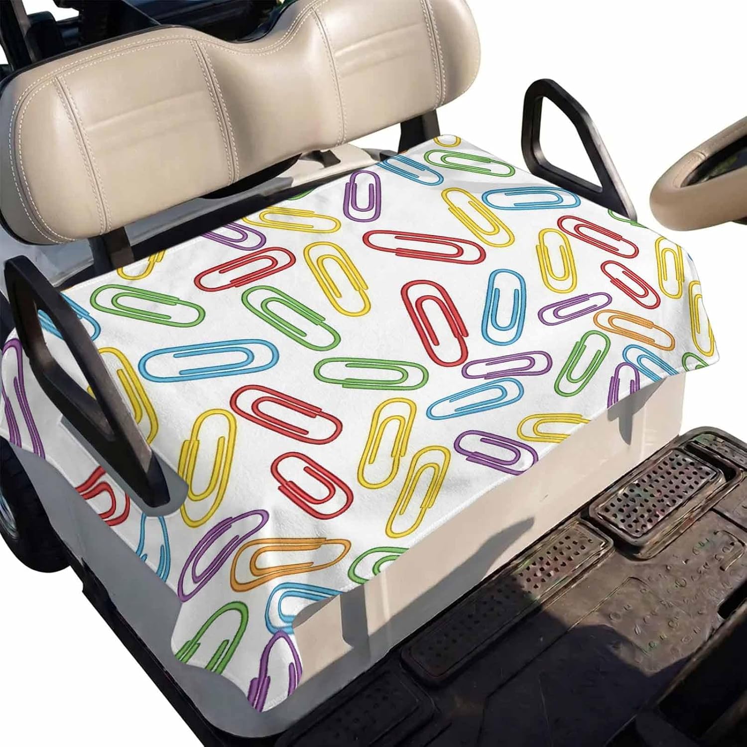 Colorful Paper Clips Golf Cart Seat Covers, Universal Bench Seat Blanket Towel for Golf Cart, Modern Art Overlapping Loops Washable 2-Seat Dustproof Protector for Club Car 51x31 Inches