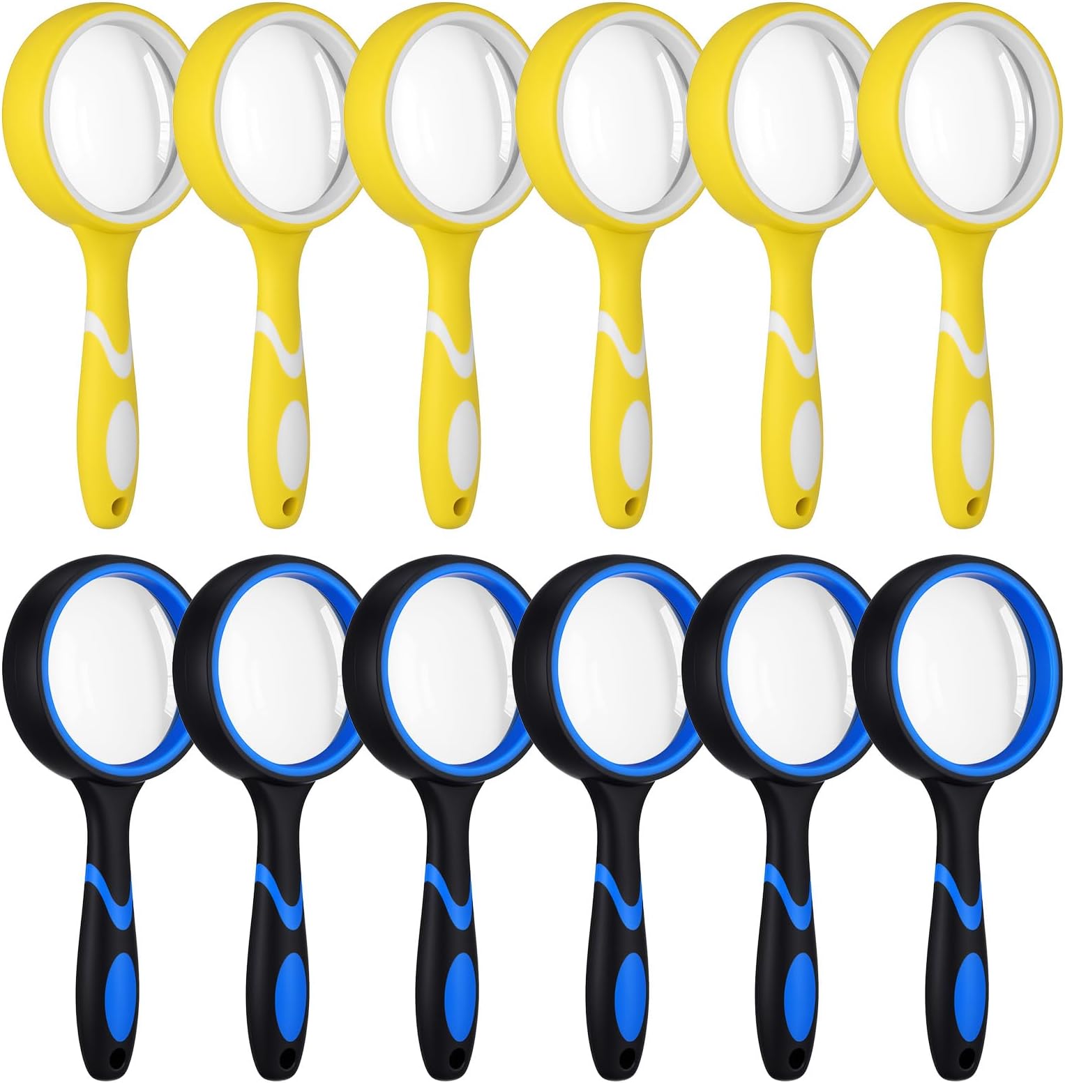 12 Pcs 10X Magnifying Glass Handheld Shatterproof Reading Magnifier for Seniors and Kids, 50mm Colored Magnifying Lens with Non Slip Rubber for Observation Exploration Science (Yellow/Blue)