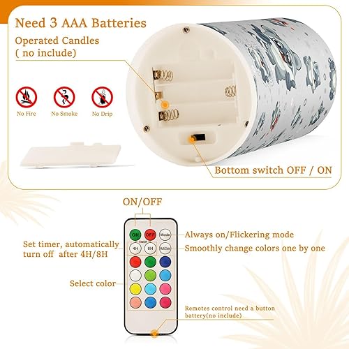 Miniatura 4 de Kcldeci Flameless Battery Operated Flickering Candles, Cartoon Raccoons on Gray Set of 2 Battery Operated Candles for Valentines Home Wedding