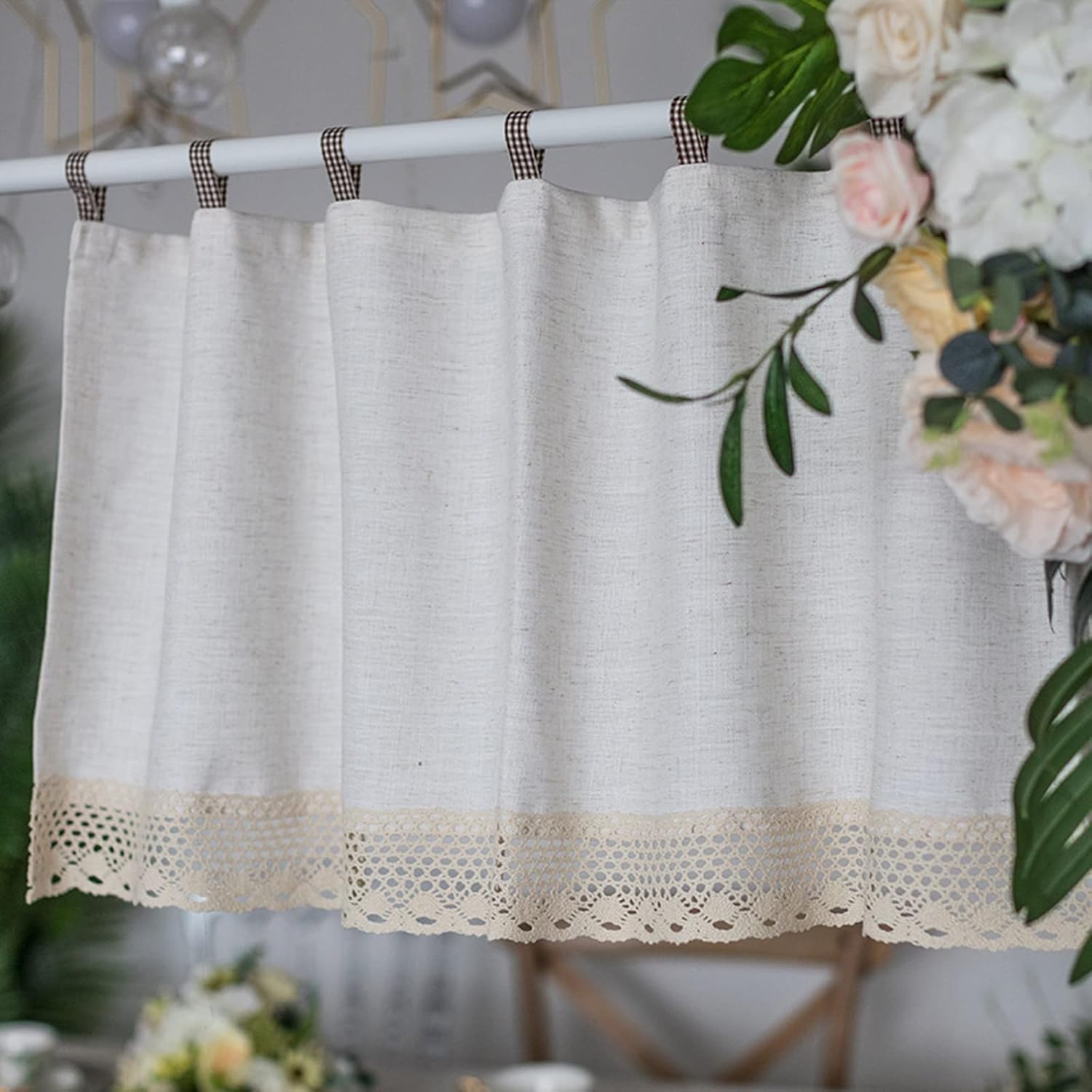 Short Curtain for Small Window Farmhouse Opaque Beige Cotton Linen with Lace Tab Top Window Treatment Valance Panel Drapes Half Curtain for Kitchen Café Bedroom Cabinet Curtain Door Curtain