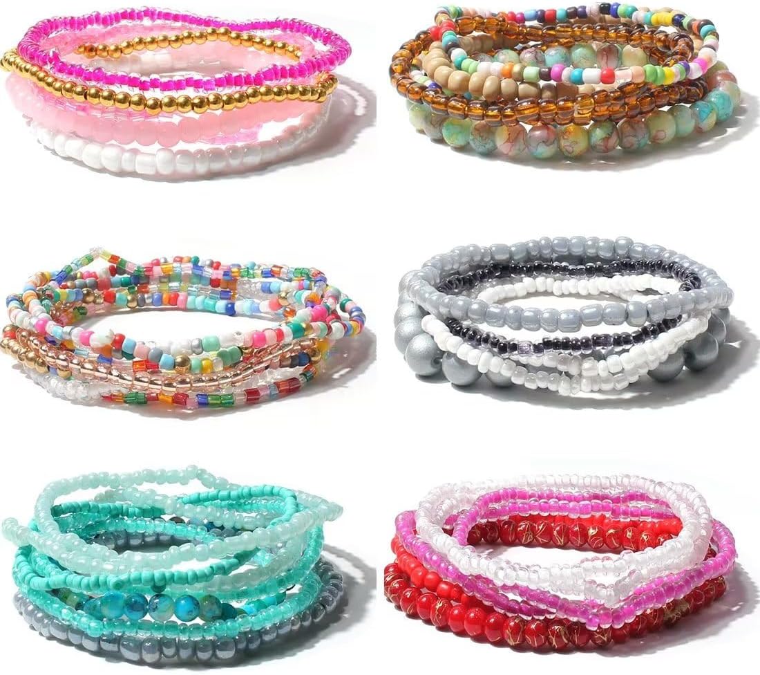 Handmade Stackable Colorful Beads 5-6pcs Adjustable Multi layered Bracelets Set for Women Boho Multicolor Seed Stretch Wristbands Bohemian Summer Beach Jewelry Gift - Image 5