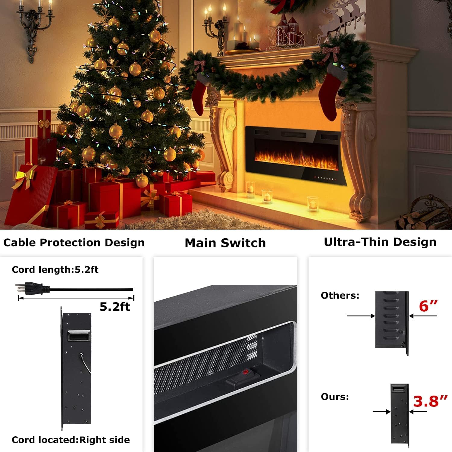 Waleaf Elektrokamin, 152,4 cm Elektrischer Kamin mit Heizung, 3D-Flammeneffekt, 12 Flammenfarben, Wandkamin und Einbaukamin mit Fernbedienung für Wohnzimmer & Innenräume, 1500W, Schwarz