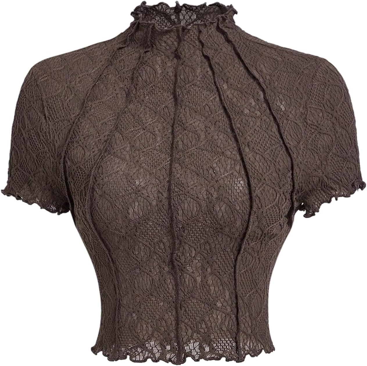 Floerns Women's Textured Mock Neck T Shirts See Through Short Sleeve Crop Tops