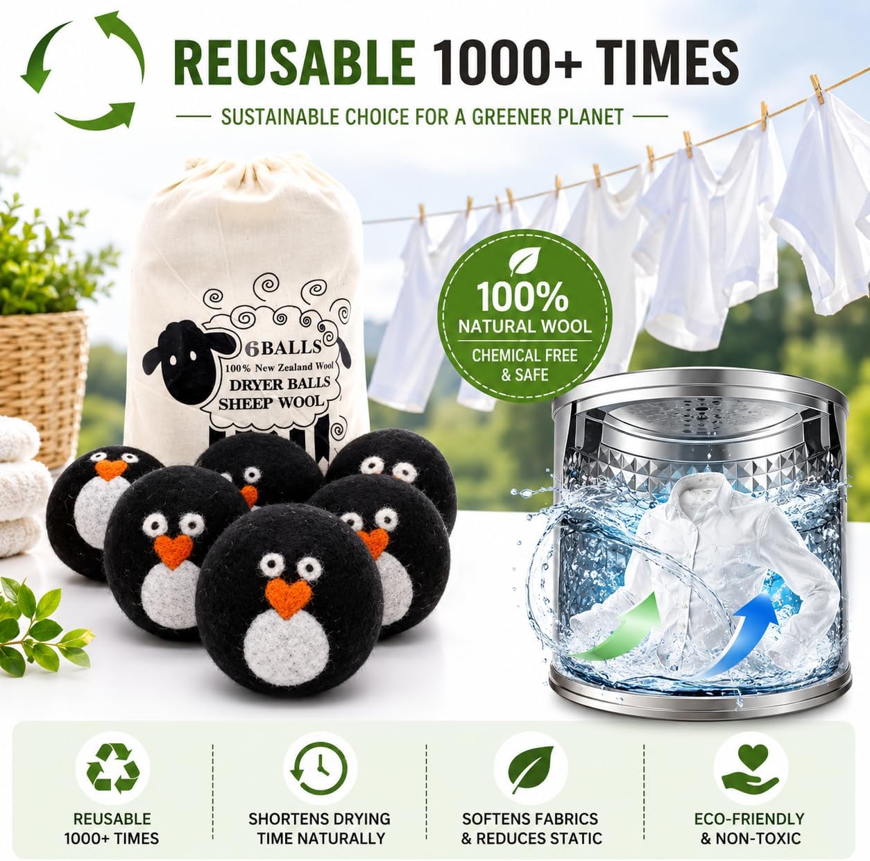 6 Pack Wool Dryer Balls, Penguin Fabric Softener Laundry Balls | 100% wool, XL size, Reusable, Penguin design, 6-piece set, Cotton storage bag