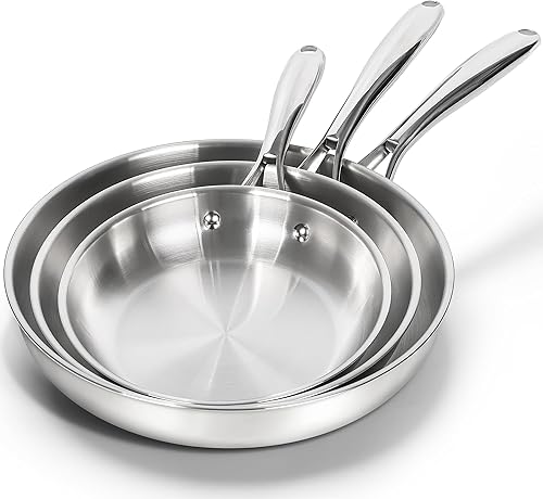 MICHELANGELO Juego de sartenes de acero inoxidable 1810, sartenes de cocina de 8, 9.5 y 11 pulgadas, juego de sartenes de acero inoxidable con base