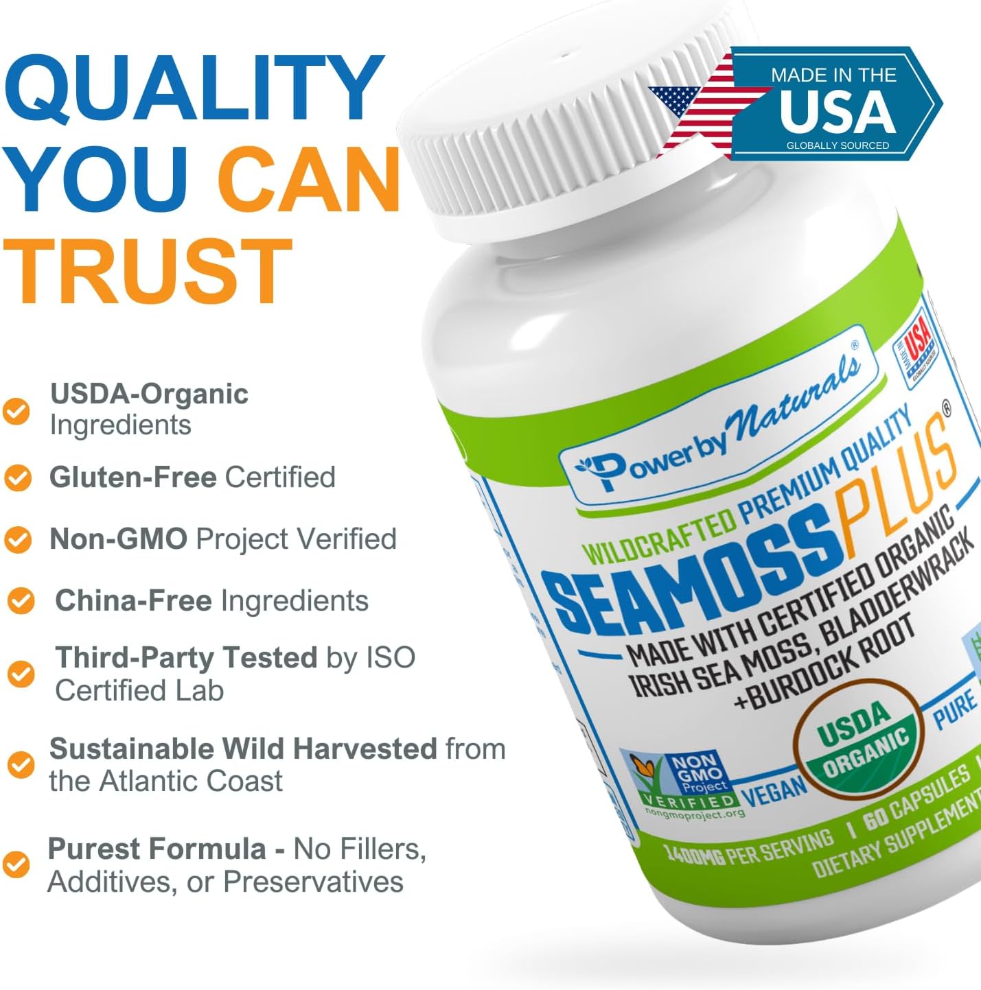 Power By Naturals USDA Organic Sea Moss Capsules – Irish Sea Moss, Bladderwrack Plus Burdock Root Supplement -3 Bottles