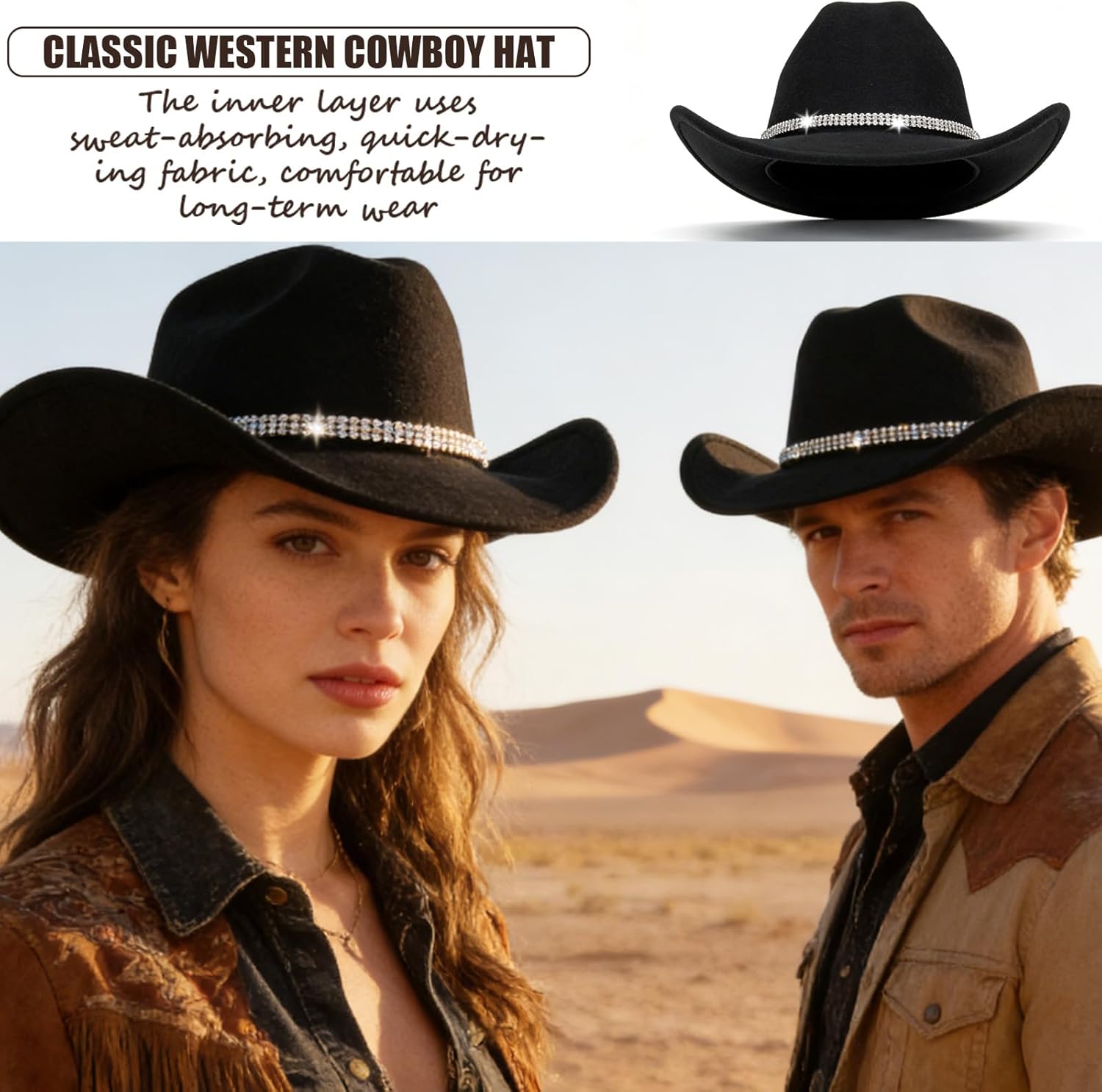 Classic Western Cowboy Hat for Men and Women, Fedora Hat Perfect for Cowgirl Outfits and Cow Girls Outfits Fashionable Tejanas para Mujer Ideal for Cowgirl Look Black - Image 8