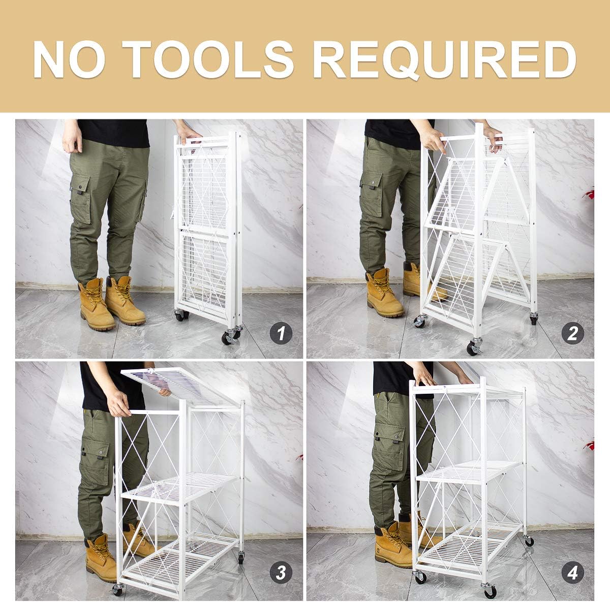MSSOHKAN 3-Tier Foldable Storage Shelves with Wheels, Metal Storage Shelving Units, Heavy Duty Collapsible Kitchen Shelves Bookshelf,Small Rack with Wheels