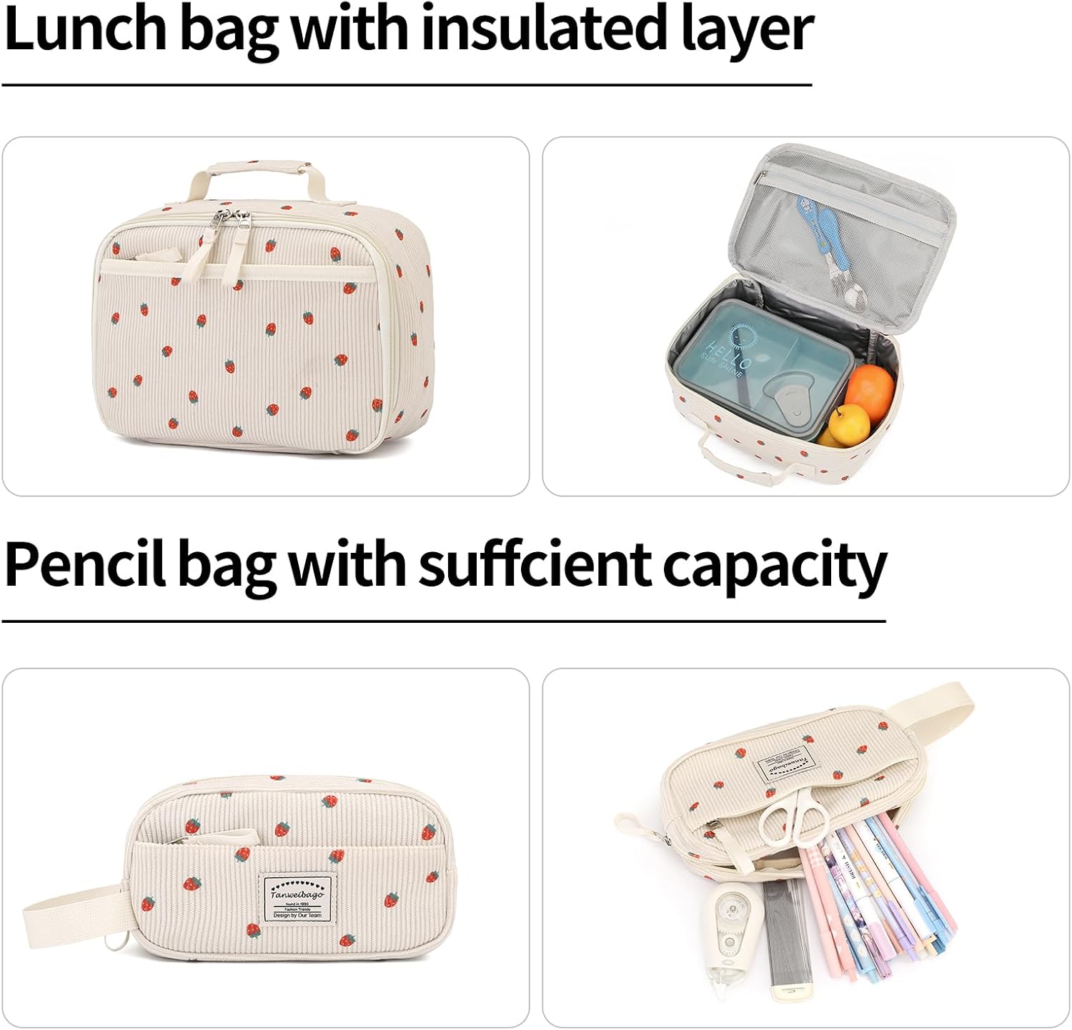 Backpack for Girls Boy Teen Corduroy Bookbags Elementary Middle High School Women Laptop Bag with Lunch Box Pencil Bag (Strawberry Beige) - Image 5