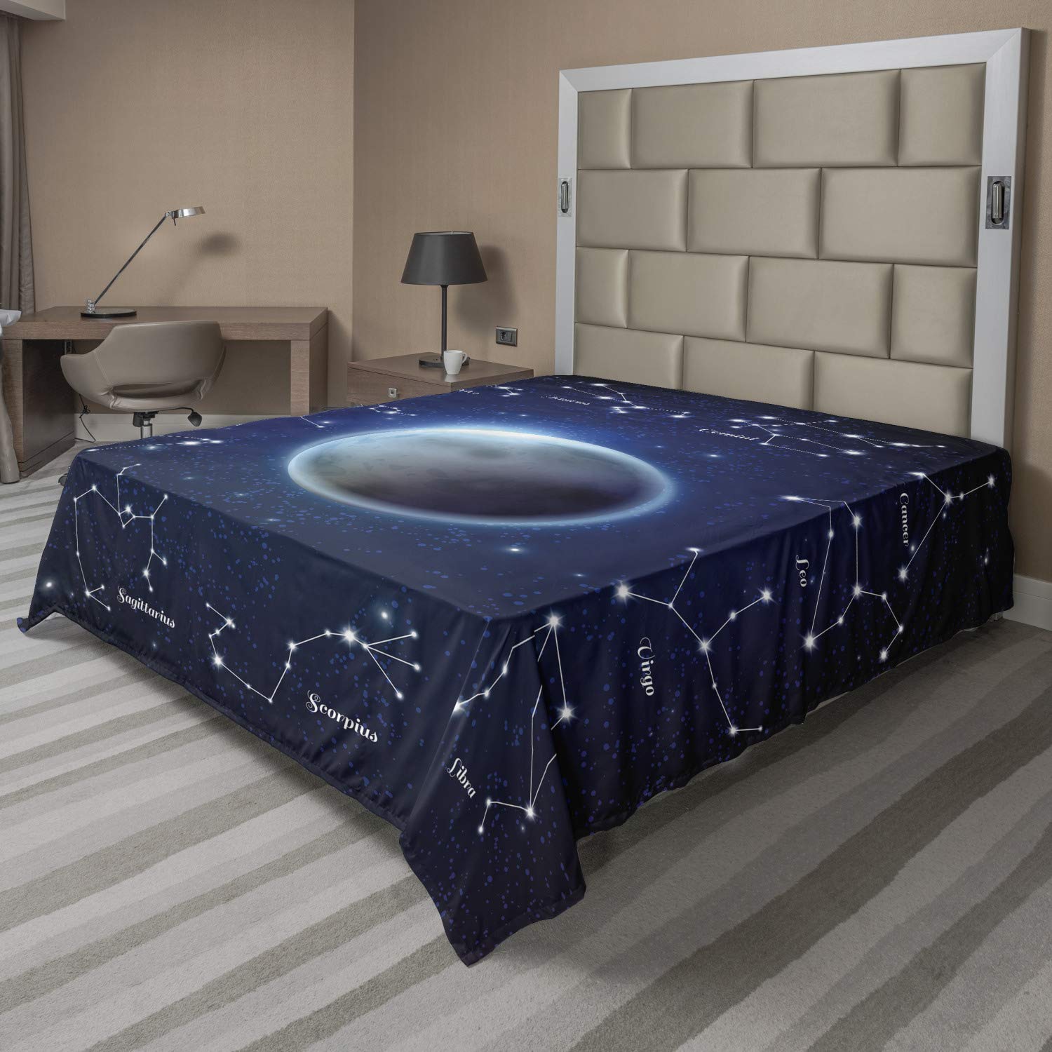 Ambesonne Astronomy Flat Sheet, Zodiac Signs and Constellations Around Moon, Soft Comfortable Top Sheet Decorative Bedding 1 Piece, King Size, Night Blue Dark Grey