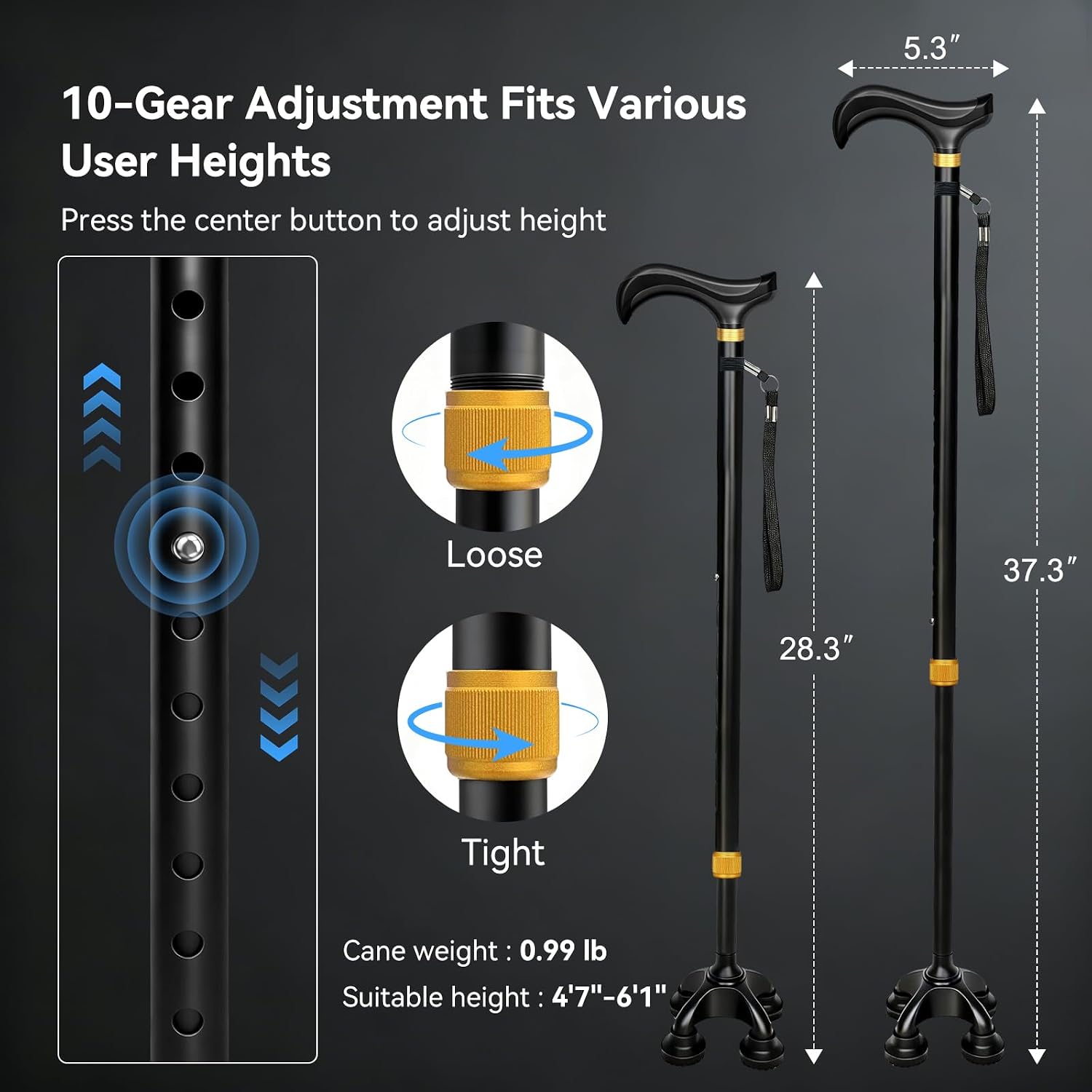 DEOMAi Quad Walking Cane for Men Women with All-Terrain Adaptive Tip | Self standing adjustable canes for men and women, designed canes for seniors and post-op rehab patient support up to 275 LB