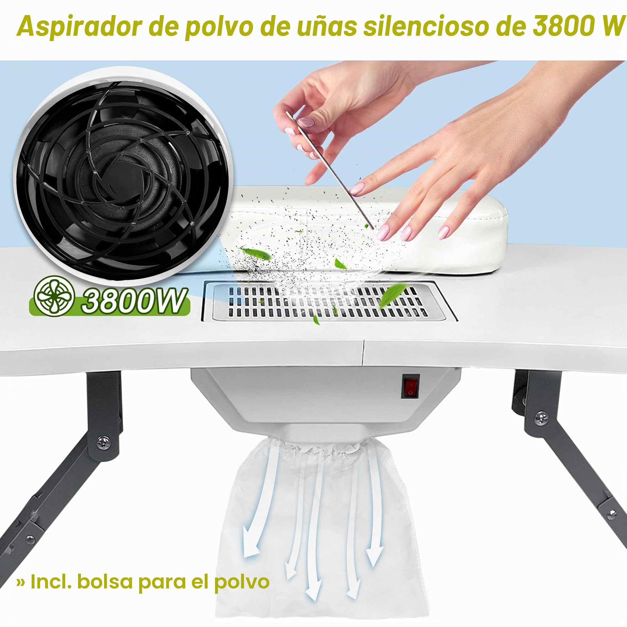 XMTECH Mesa de Manicura Con Extracción, Mesa De Manicura Portátil Con Ruedas, Bolsa para el polvo, Bolsa de transporte, Blanco