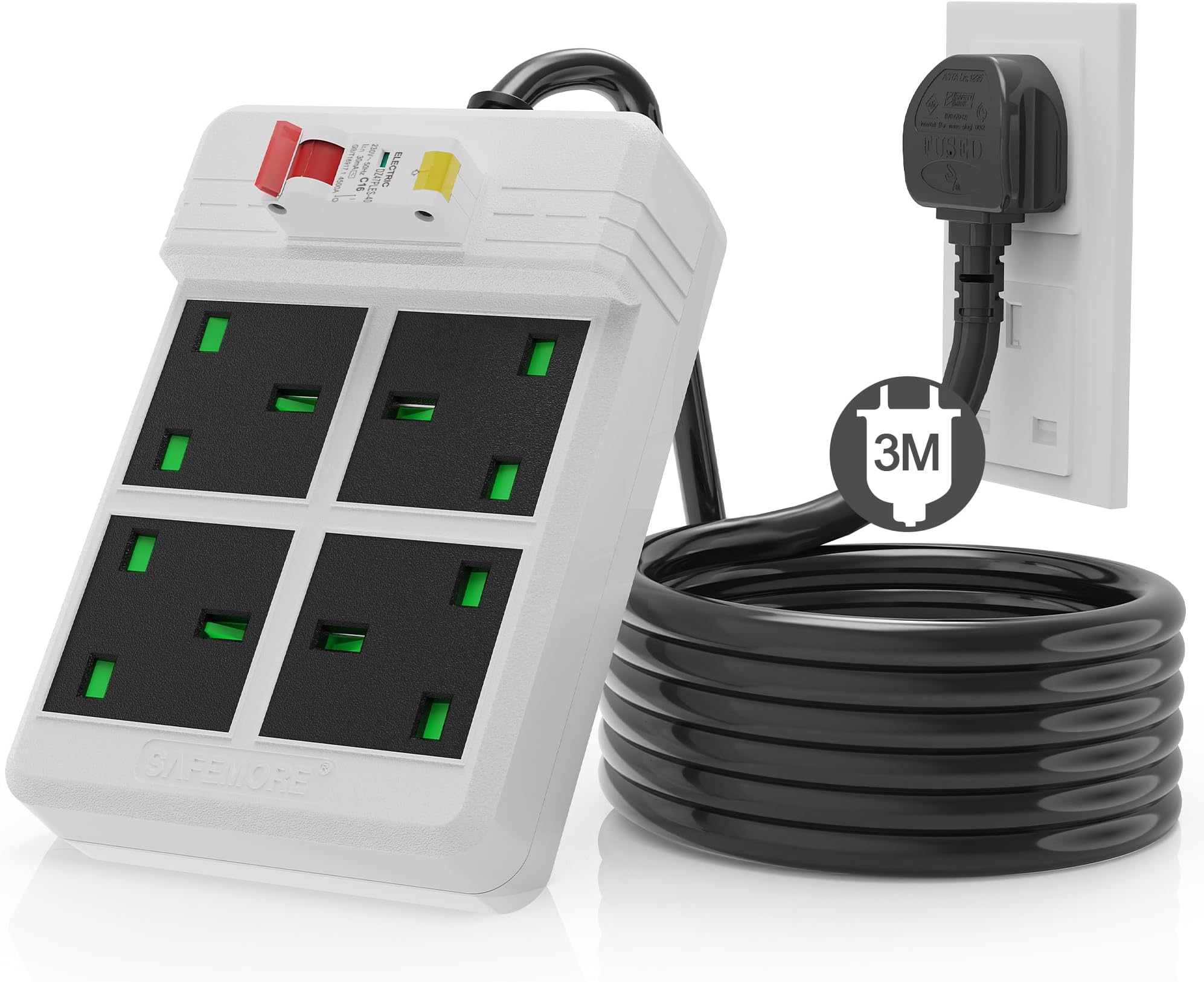 3M Heavy Duty Extension Lead, SAFEMORE RCD Surge Protected Power Strip