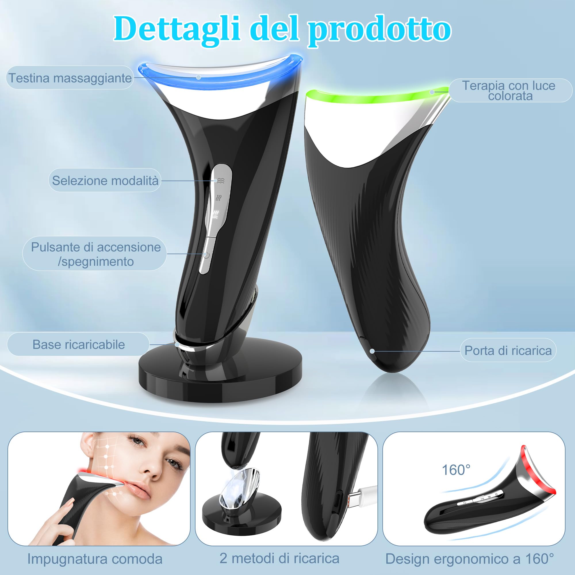 Massaggiatore Viso Antirughe, Dispositivo di Bellezza con 45 ℃ EMS per Lifting e Rassodamento Viso e Collo, Gua Sha Elettrico con 3 Modi LED Terapia Della Luce