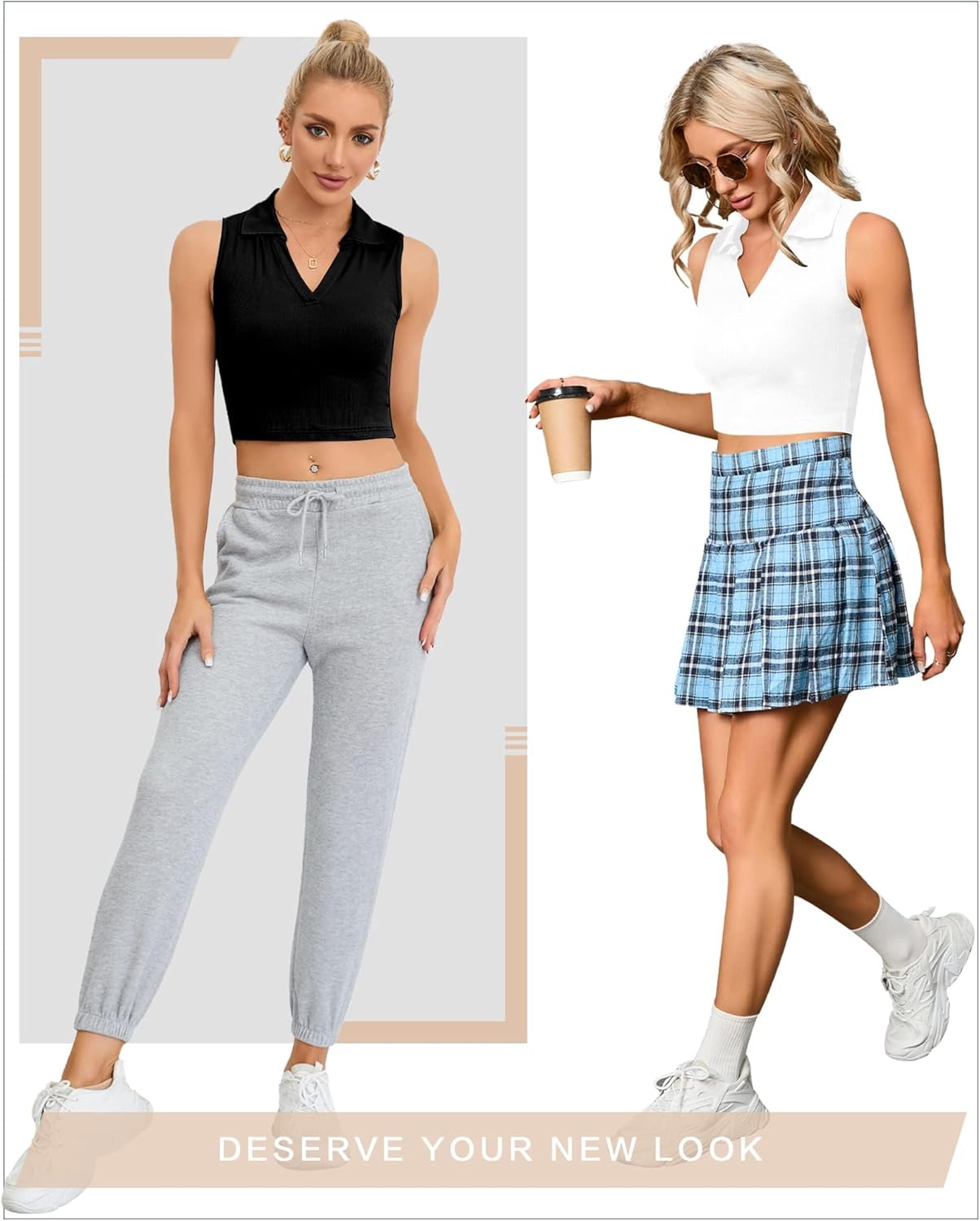 CLOZOZ Womens Tank Tops Polo Crop Top V Neck Ribbed Sleeveless Tops Collar Shirts Womens Crop Tops Polo Cropped Tank Trendy - Image 5