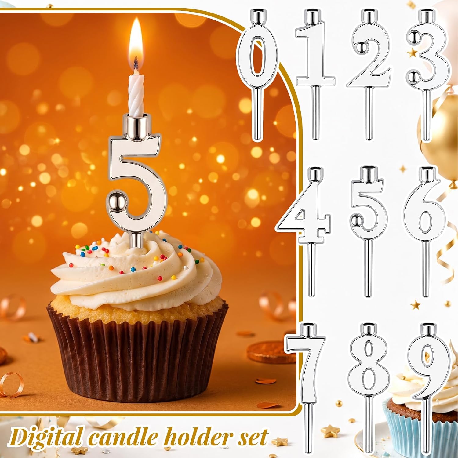2 Set Birthday Candle Holders, 10 Pcs Silver Aluminum Numbers