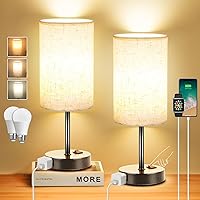 ZJOJO Set of 2 Bedside Table Lamps for Bedroom - 3 Color Temps Rocker Switch, AC Outlets, Linen Shade Black Base Nightstand Lights