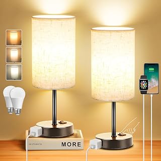 ZJOJO Set of 2 Bedside Table Lamps for Bedroom - 3 Color Temps Rocker Switch, AC Outlets, Linen Shade Black Base Nightstand Lights