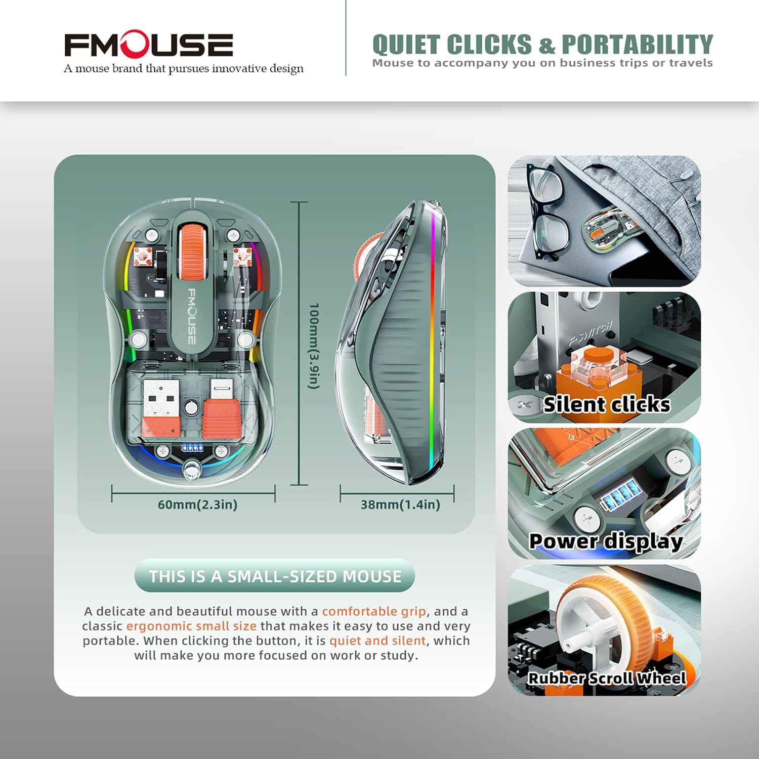 FMOUSE Transparent Wireless Mouse showing its compact dimensions (3.9 inches length, 2.3 inches width, 1.4 inches height) and features like silent clicks, power display, and rubber scroll wheel.